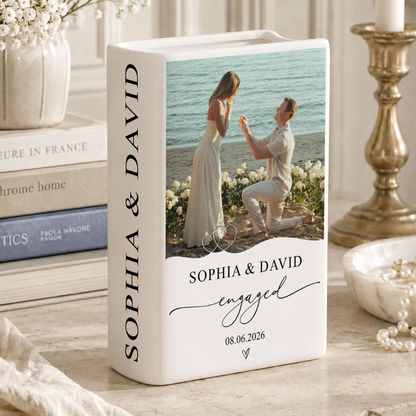 Personalized Photo Engagement Ceramic Book Vase, Custom New Engaged Couple Book Vase WD0633
