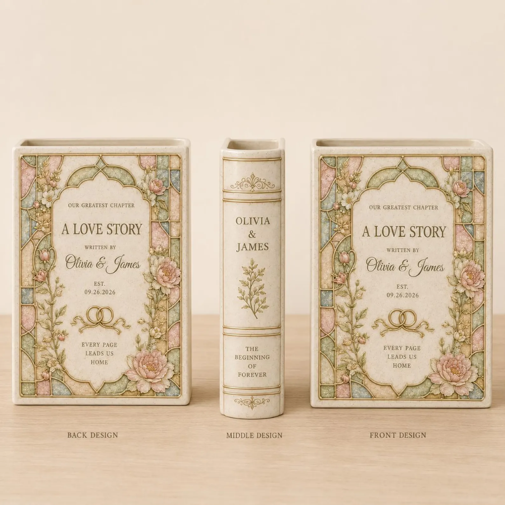 Personalized A Love Story Floral Stained Glass Wedding Ceramic Book Vase, Personalized Wedding Book Vase WD0550