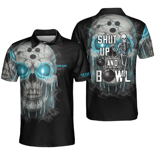 Shut Up And Bowl Custom Skull Mens Bowling Polo Shirt Black Cyan, Custom Skull Bowling Shirts With Name BZ0490