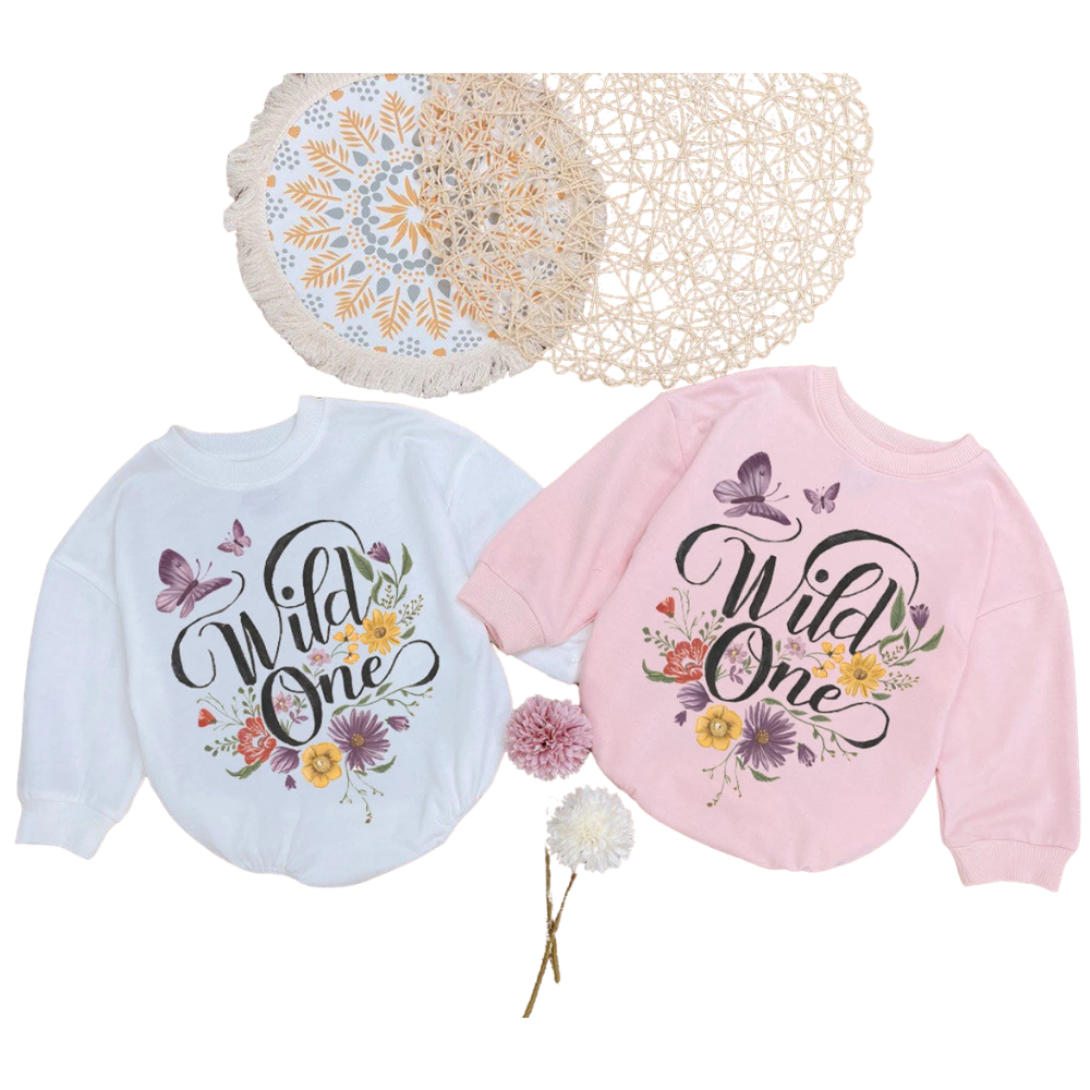 Wild One Floral Baby Romper Sweatshirt, Flower First Birthday Romper Sweatshirt For Baby BB0540