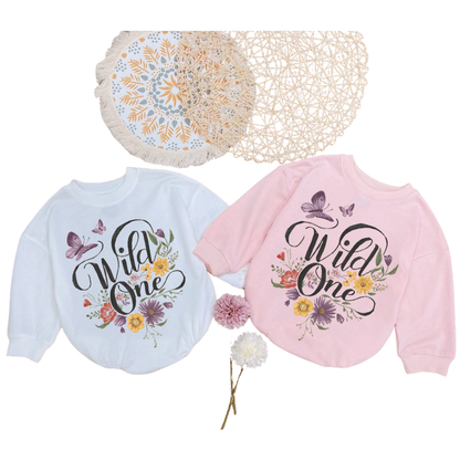 Wild One Floral Baby Romper Sweatshirt, Flower First Birthday Romper Sweatshirt For Baby BB0540