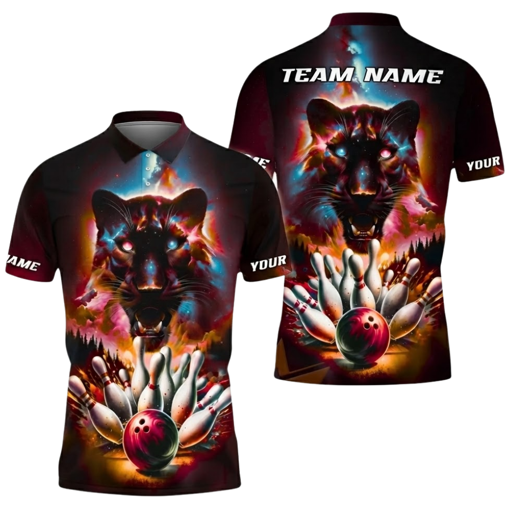 Custom Panther Purple Pink Bowling Polo Shirt For Men, Custom Panther Bowling Team Shirts BZ0532