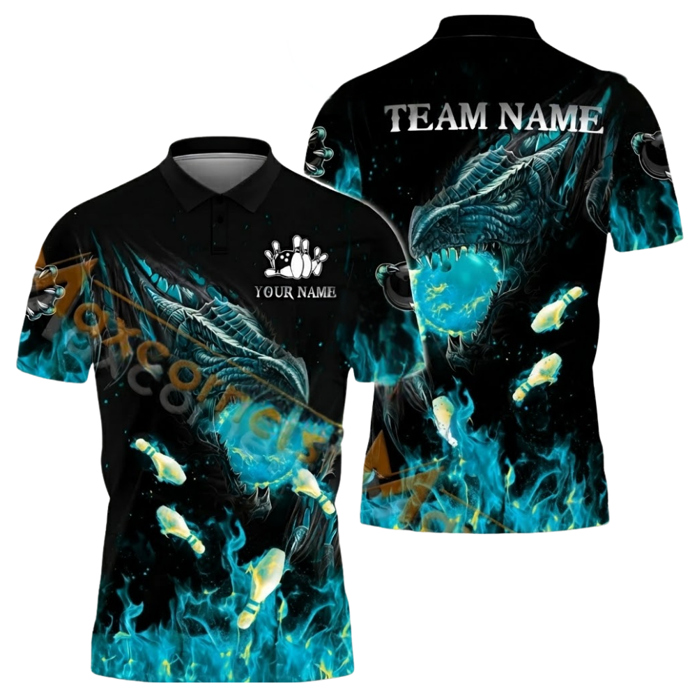 Custom Dragon Flaming Ball Bowling Polo Shirt For Mens, Custom Dragon Bowling Shirts Team BZ0593