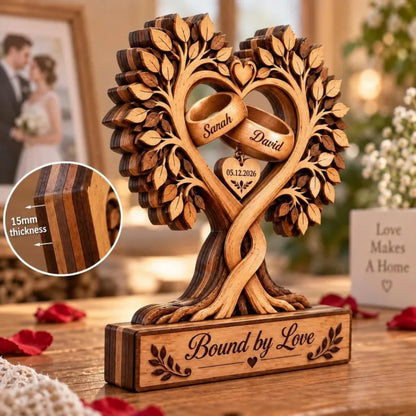 Custom Rings Couple Tree Heart Layer Wooden Plaque, Custom Wedding Keepsake Wooden Block WD0945