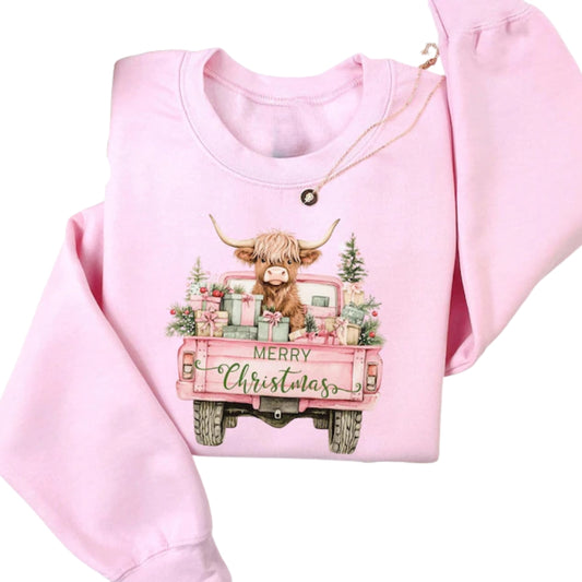 Merry Christmas Highland Cow Truck Sweatshirt, Cow Farm Xmas Sweatshirt 2D0676