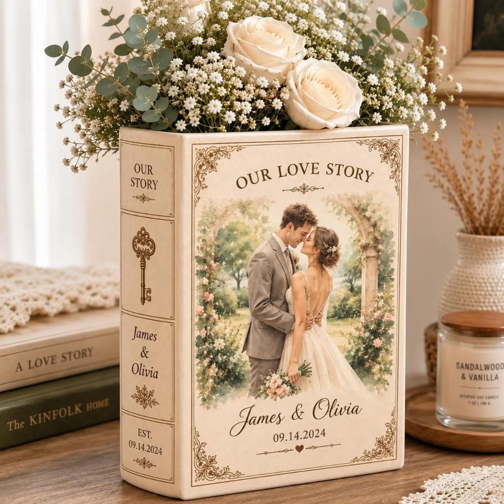 Custom Photo Love Story Wedding Ceramic Flower Book Vase, Custom Wedding Book Vase WD0561