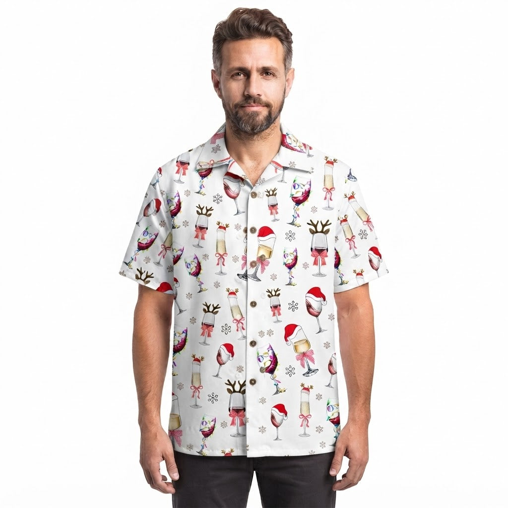 Wine Glass Christmas Hat Hawaiian Shirt, Wine Lover Hawaiian Shirt For Christmas HE0875