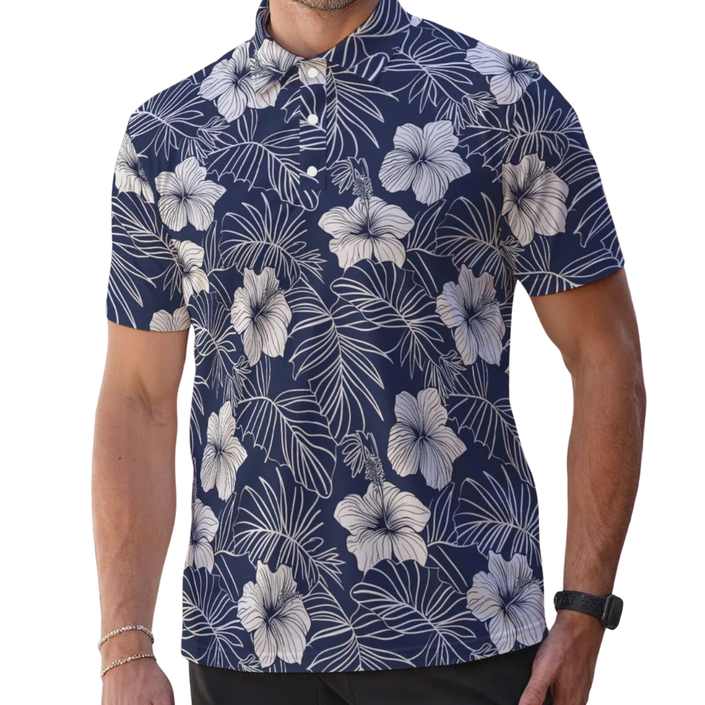 Hibiscus Navy Matching Men And Women Golf Polo Shirt, Floral Couple Matching Golf Shirts GE0488