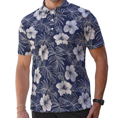Hibiscus Navy Matching Men And Women Golf Polo Shirt, Floral Couple Matching Golf Shirts GE0488