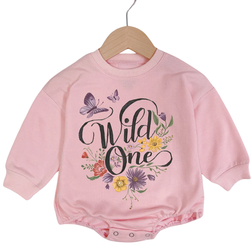 Wild One Floral Baby Romper Sweatshirt, Flower First Birthday Romper Sweatshirt For Baby BB0540