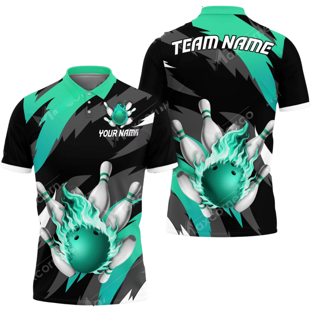 Custom Cyan Flame Bowling Mens Polo Shirt, Custom Flame Bowling Team Shirts BZ0590