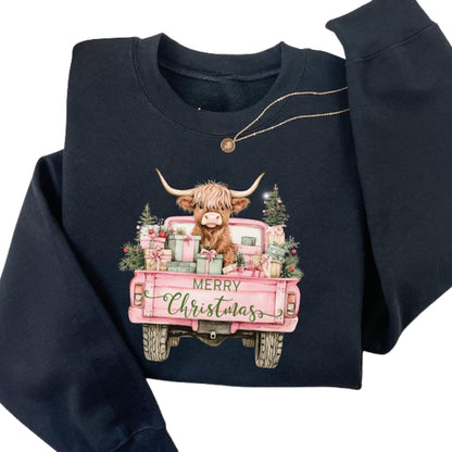 Merry Christmas Highland Cow Truck Sweatshirt, Cow Farm Xmas Sweatshirt 2D0676