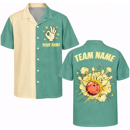 Custom Retro Blue Beige Bowling Hawaiian Shirt Mens, Custom Team Retro Bowling Shirt BZ0570