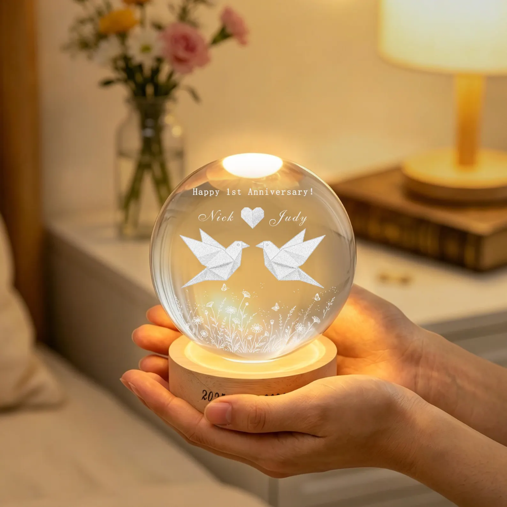 Happy 1st Anniversary Custom Paper Bird Crystal Ball Led Night Light, Custom Paper Wedding Anniversary Night Light WD0823