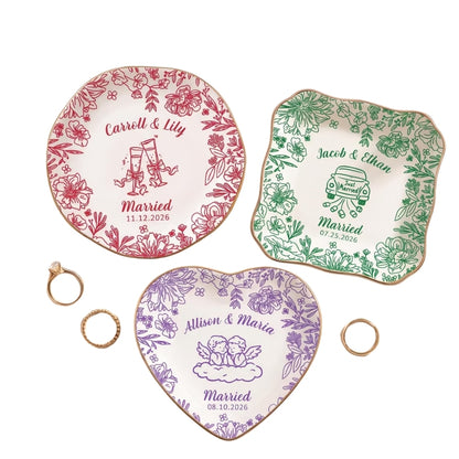 Personalized Floral Wedding Ring Dish, Custom Wedding Jewelry Dish With Couple Name WD0282