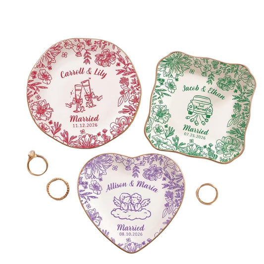 Personalized Floral Wedding Ring Dish, Custom Wedding Jewelry Dish With Couple Name WD0282