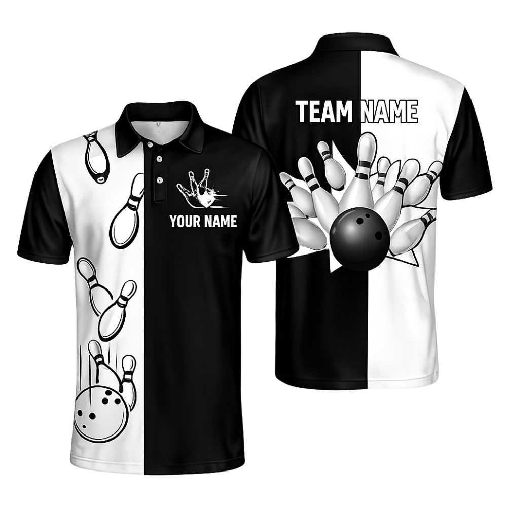Custom Team Black And White Bowling Men Polo Shirt, Custom Bowling Shirts BZ0439