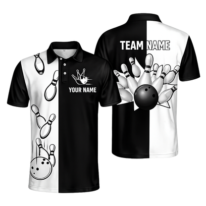 Custom Team Black And White Bowling Men Polo Shirt, Custom Bowling Shirts BZ0439