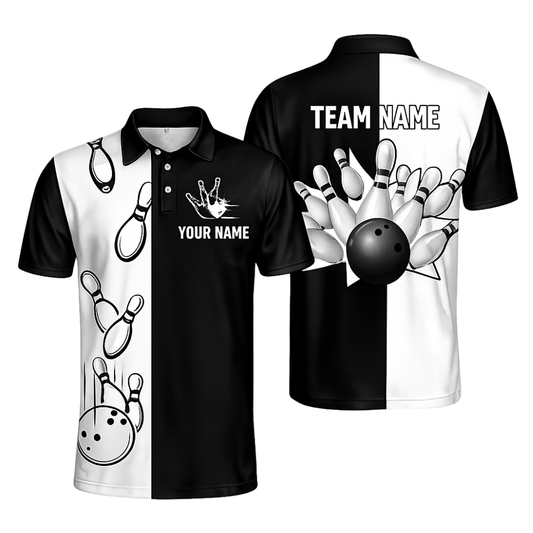 Custom Team Black And White Bowling Men Polo Shirt, Custom Bowling Shirts BZ0439