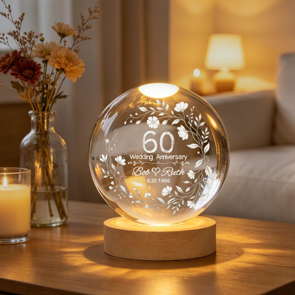 Custom 60th Wedding Anniversary Crystal Ball Led Night Light, Custom 60 Years Wedding Night Light WD0894
