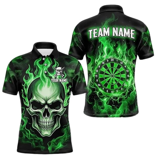 Custom Skull Green Flame Darts Polo Shirts For Men, Custom Skull Dart Team Shirts DZ0085