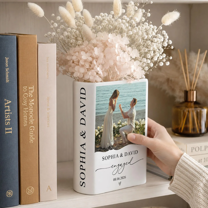 Personalized Photo Engagement Ceramic Book Vase, Custom New Engaged Couple Book Vase WD0633