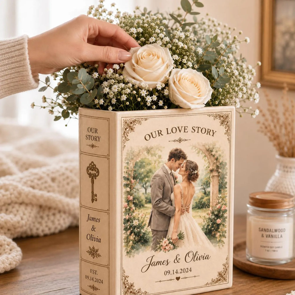 Custom Photo Love Story Wedding Ceramic Flower Book Vase, Custom Wedding Book Vase WD0561