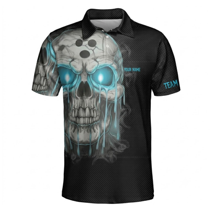 Shut Up And Bowl Custom Skull Mens Bowling Polo Shirt Black Cyan, Custom Skull Bowling Shirts With Name BZ0490