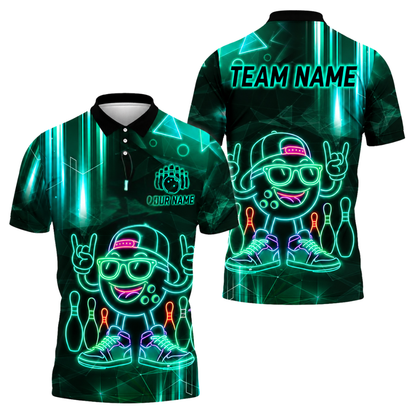 Neon Funny Bowling Ball Custom Men's Bowling Polo Shirts, Custom Neon Bowling Team Shirts BZ0460