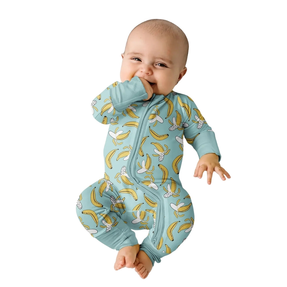 Banana Yellow Cyan Baby Convertible Zipper Romper, Banana Baby Romper Convertible BB0665