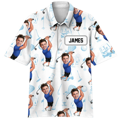 Custom Funny Face Men's Golf Polo Shirt, White And Green Custom Photo Golf Shirts GZ0253
