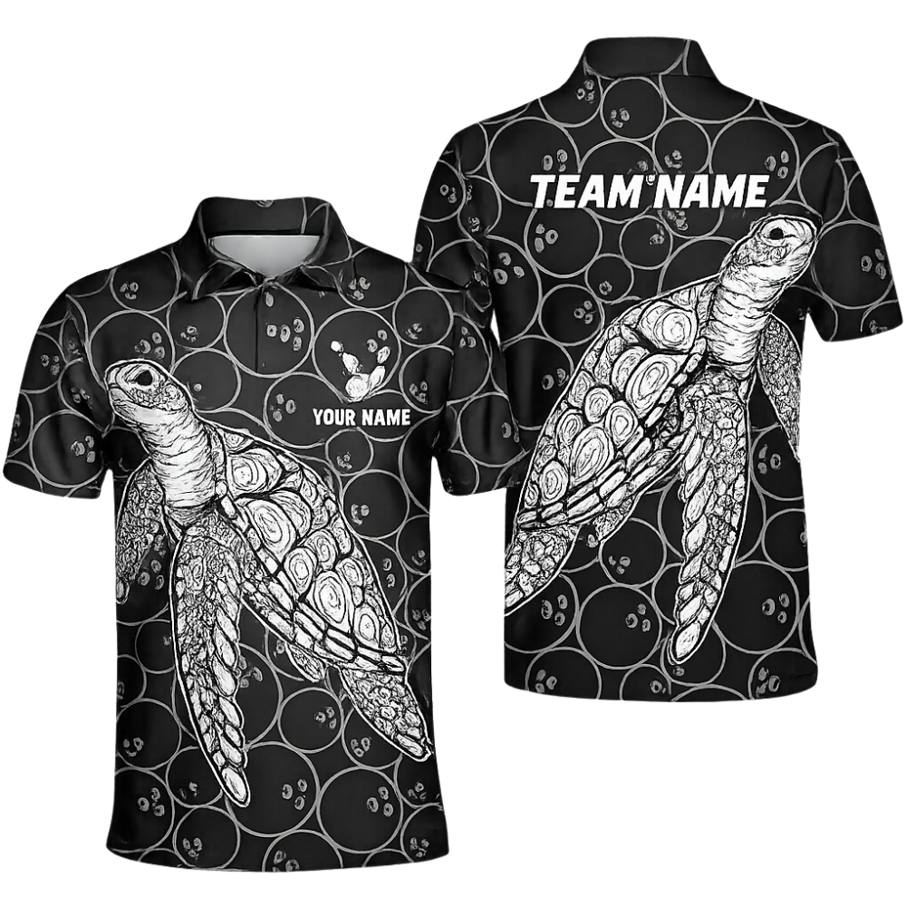 Custom Turtle Mens Black Bowling Polo Shirt, Custom Turtle Bowling Team Shirts BZ0458