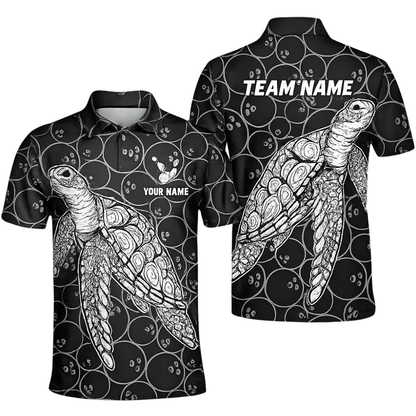 Custom Turtle Mens Black Bowling Polo Shirt, Custom Turtle Bowling Team Shirts BZ0458