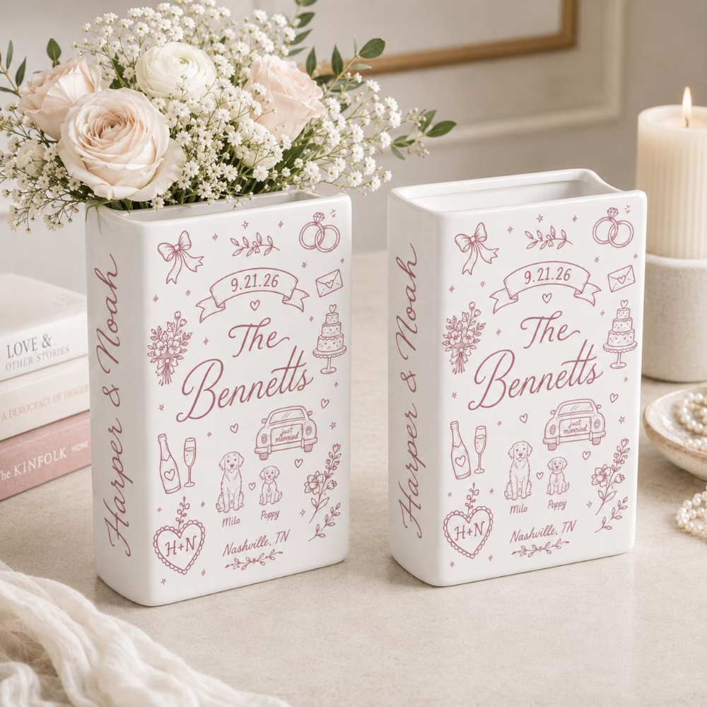 Custom Pink Wedding Storyboard Ceramic Book Vase, Custom Wedding Book Vase WD0551
