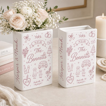 Custom Pink Wedding Storyboard Ceramic Book Vase, Custom Wedding Book Vase WD0551