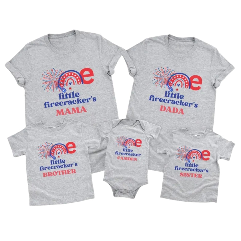 One Little Firecracker Custom Matching First Birthday  Family T Shirt, Custom 4th Of July Birthday Shirts For Family ET0675