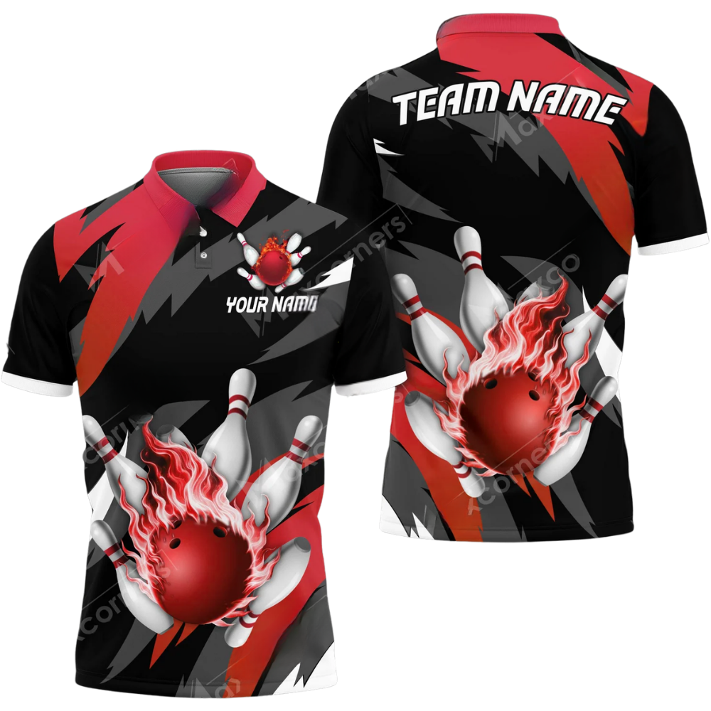 Custom Cyan Flame Bowling Mens Polo Shirt, Custom Flame Bowling Team Shirts BZ0590