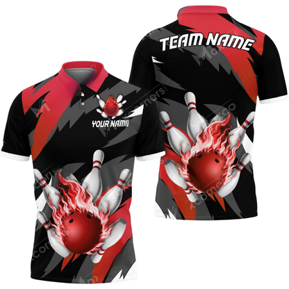 Custom Cyan Flame Bowling Mens Polo Shirt, Custom Flame Bowling Team Shirts BZ0590