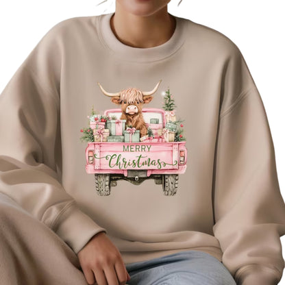 Merry Christmas Highland Cow Truck Sweatshirt, Cow Farm Xmas Sweatshirt 2D0676