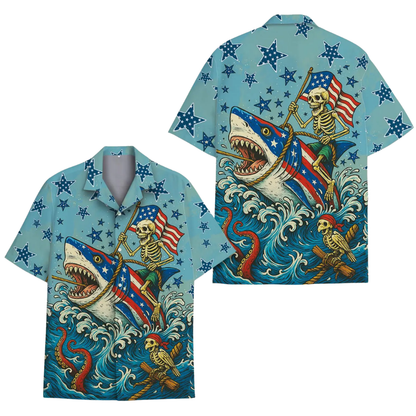 Shark Skull USA Flag Hawaiian Shirt For Men, Shark Patriotic Hawaiian Shirts HE0547