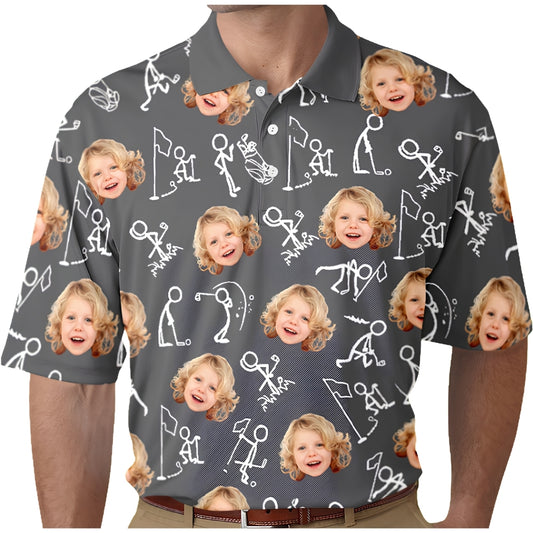 Custom Photo Stickfigures Grey Men's Golf Polo Shirt, Custom Photo Golf Shirts GZ0254