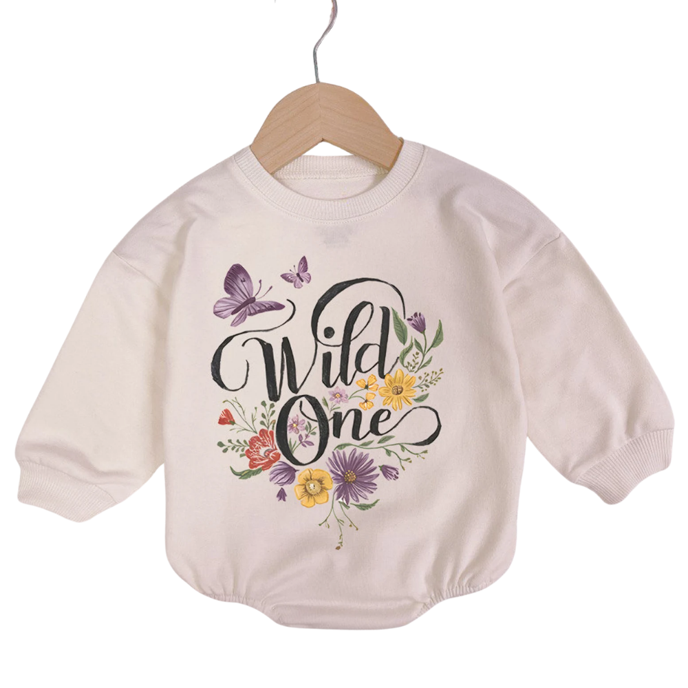 Wild One Floral Baby Romper Sweatshirt, Flower First Birthday Romper Sweatshirt For Baby BB0540