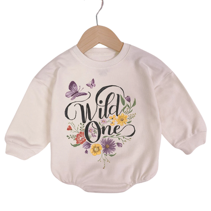 Wild One Floral Baby Romper Sweatshirt, Flower First Birthday Romper Sweatshirt For Baby BB0540