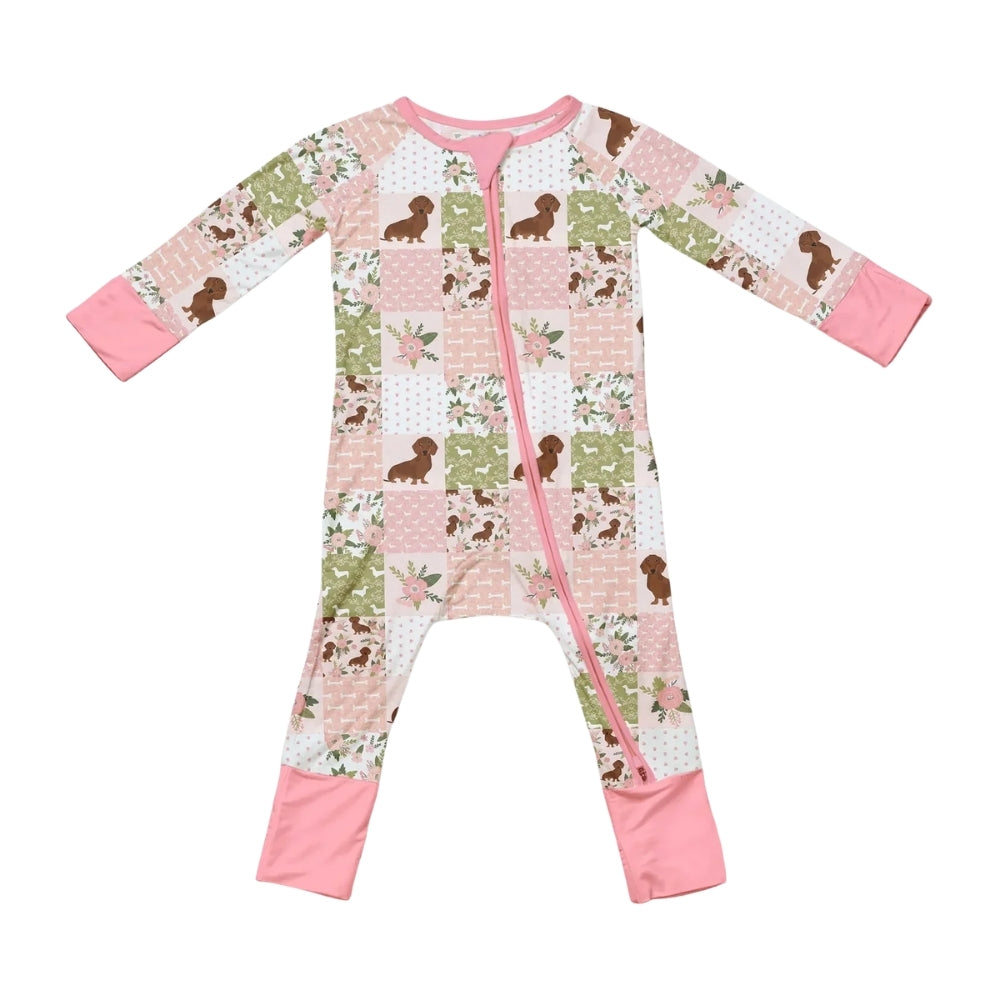 Dachshund Floral Pink Baby Convertible Zipper Romper, Dachshund Dog Convertible Baby Romper BB0666