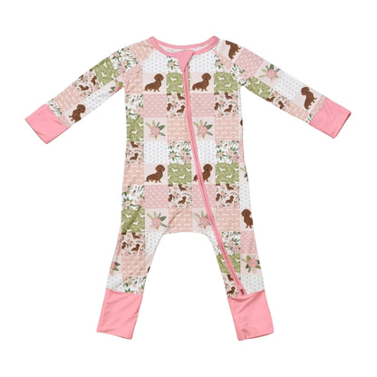 Dachshund Floral Pink Baby Convertible Zipper Romper, Dachshund Dog Convertible Baby Romper BB0666