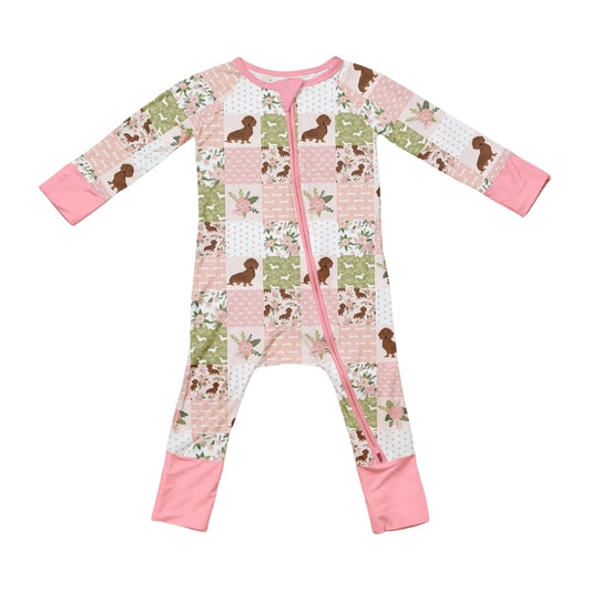 Dachshund Floral Pink Baby Convertible Zipper Romper, Dachshund Dog Convertible Baby Romper BB0666