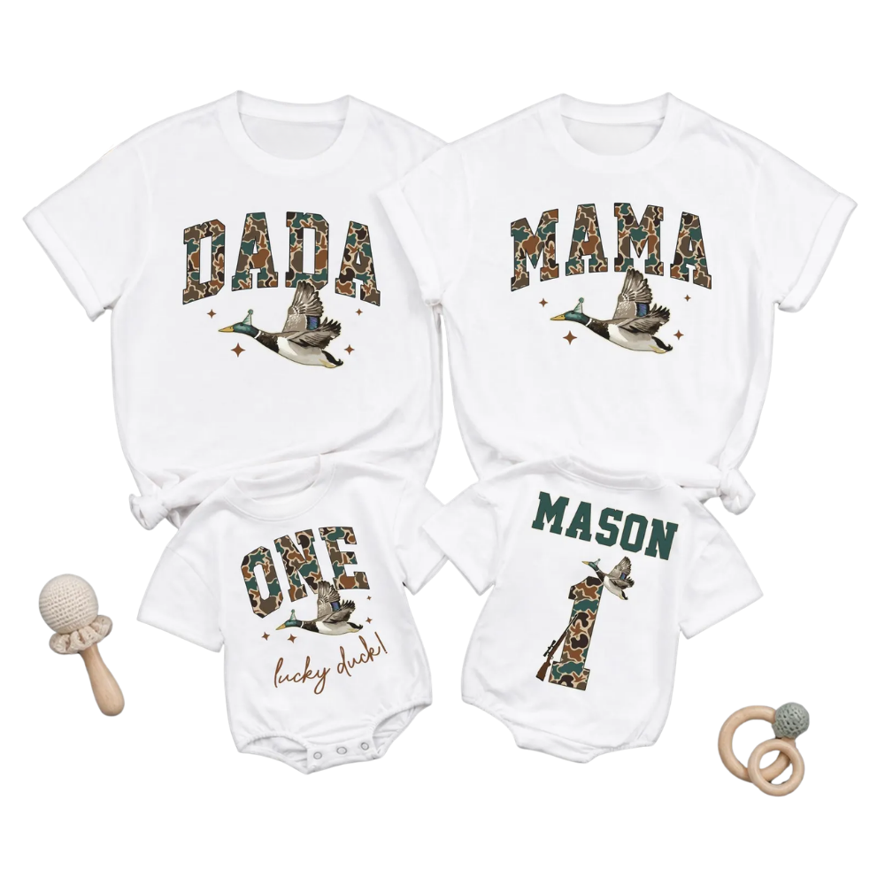 One Happy Duck Custom Mallard Hunting Birthday Family Matching T Shirt, Custom First Birthday Hunting Family Shirts ET1516