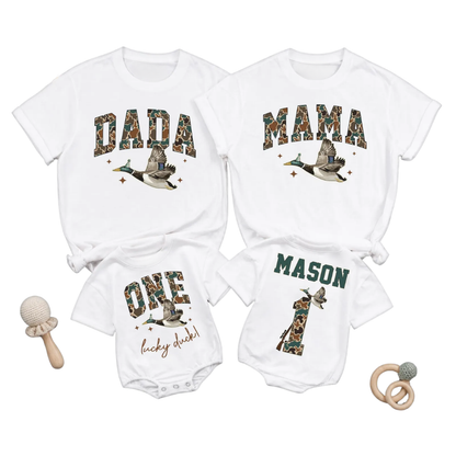 One Happy Duck Custom Mallard Hunting Birthday Family Matching T Shirt, Custom First Birthday Hunting Family Shirts ET1516