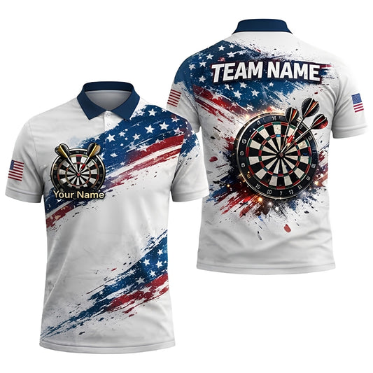 Custom US Flag White Red Blue Darts Men Polo Shirt, Custom Team Patriotic Darts Shirts DZ0086