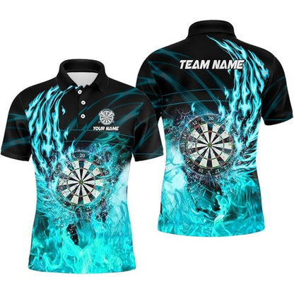 Custom Cyan Flame Darts Polo Shirt For Men, Custom Flame Darts Team Shirts DZ0004